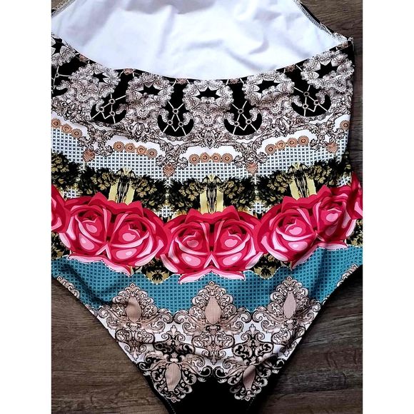 Floral and Geo Pattern Multi Color One Piece High Back Halter Top Size Large - Picture 4 of 5